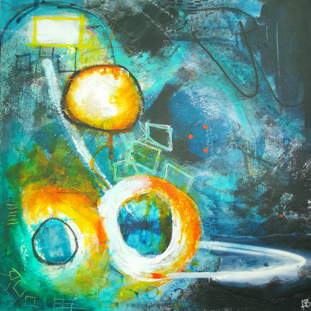 Fragile is easily broken - mixed media on board. 30cm x 30cm. Framed.