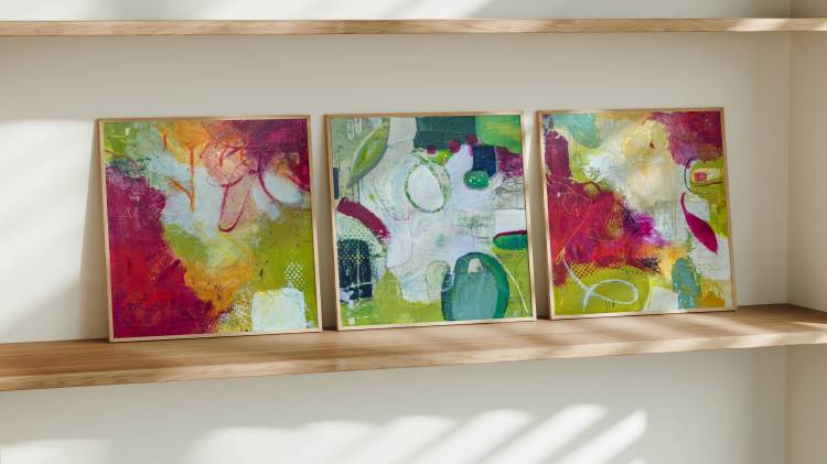 Tryptic of abstract acrylic paintings